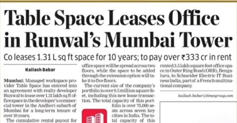 Table Space Leases Office in Runwal’s Mumbai Tower