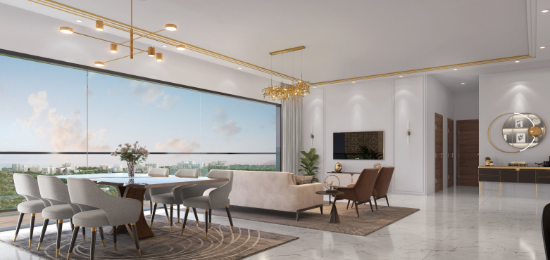 Modern living room featuring a city view, showcasing new residential projects in Mumbai at Runal Rare.