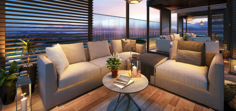 Modern luxury home with ocean views as a father and son look through an album, echoing top upcoming projects in Thane at Runwal Zenith.