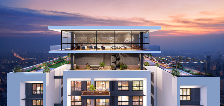 High-rise rooftop with open cafe, green walkways and sunset views reflecting upcoming new projects in Thane like Runwal Zenith.