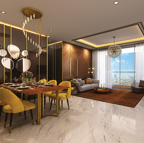 Elegant living and dining interior of a premium 3 BHK Apartment in Pune with modern décor and spacious layout. 
