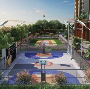 Modern sports and basketball court amenities in a premium 3 BHK Apartment in Pune residential complex.