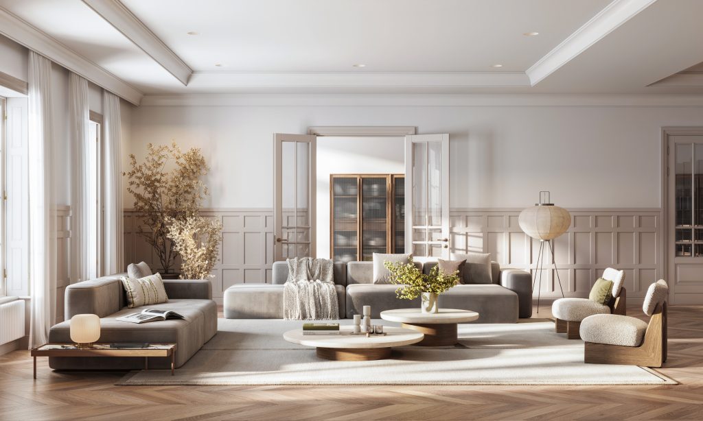 Spacious contemporary living area with minimalist furniture and natural lighting