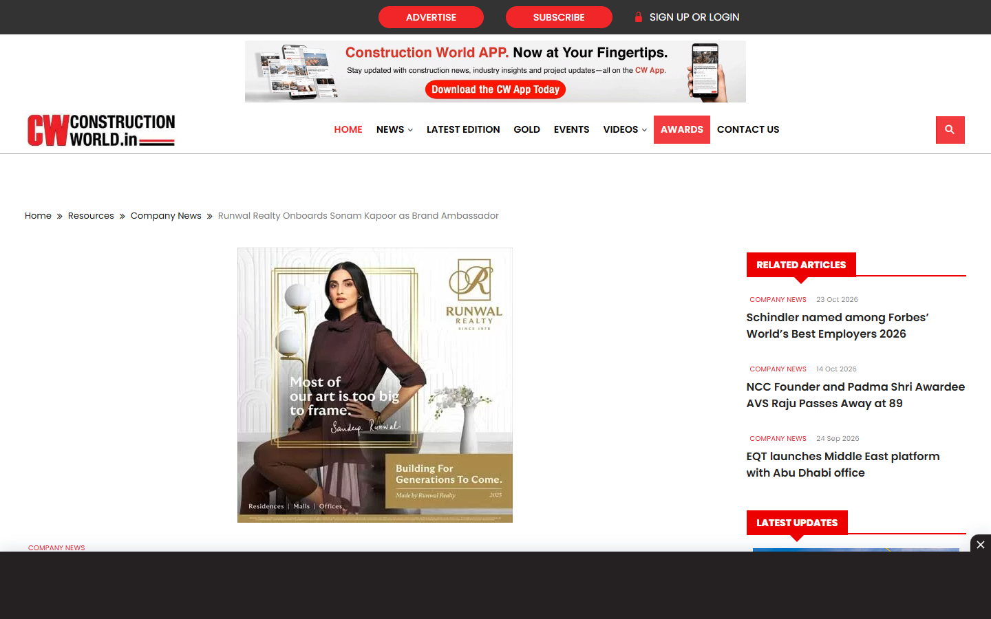 Runwal Realty Onboards Sonam Kapoor as Brand Ambassador