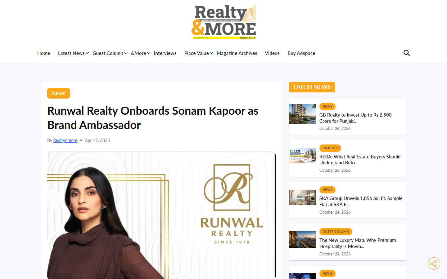 Runwal Realty Onboards Sonam Kapoor as Brand Ambassador