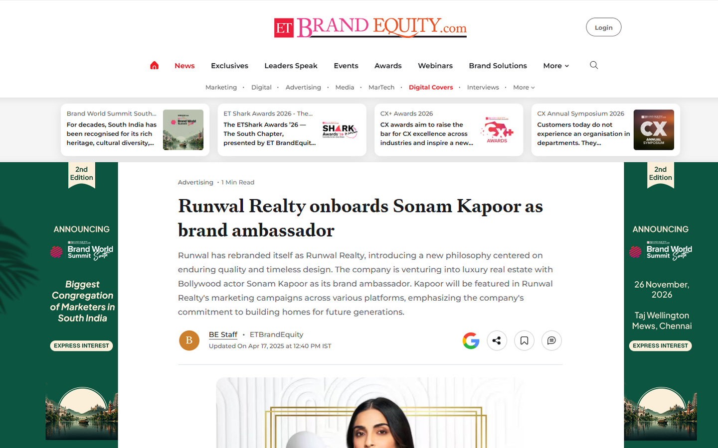 Runwal Realty onboards Sonam Kapoor as brand ambassador