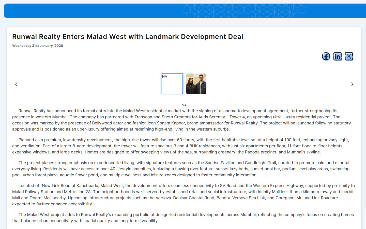 Runwal Realty Enters Malad West with Landmark Development Deal