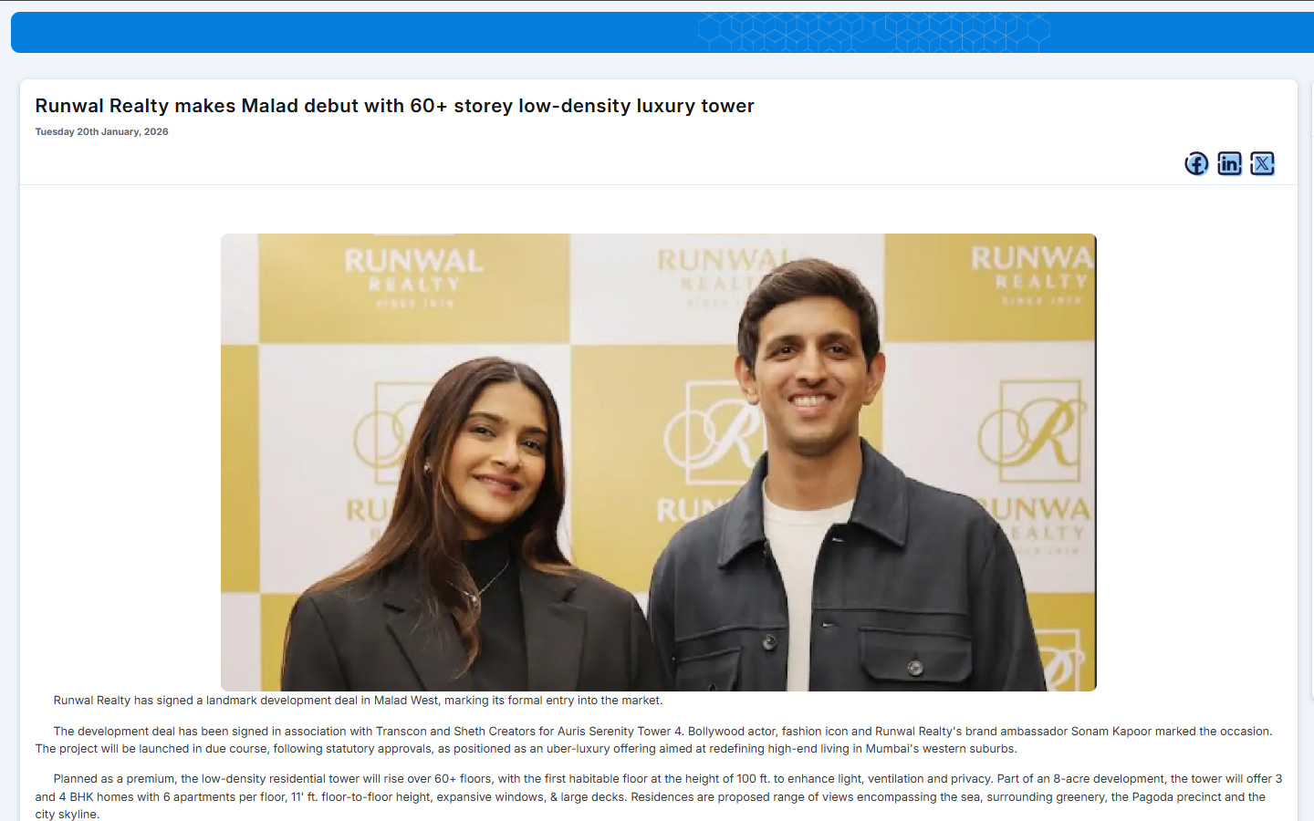 Runwal Realty makes Malad debut with 60+ storey low-density luxury tower