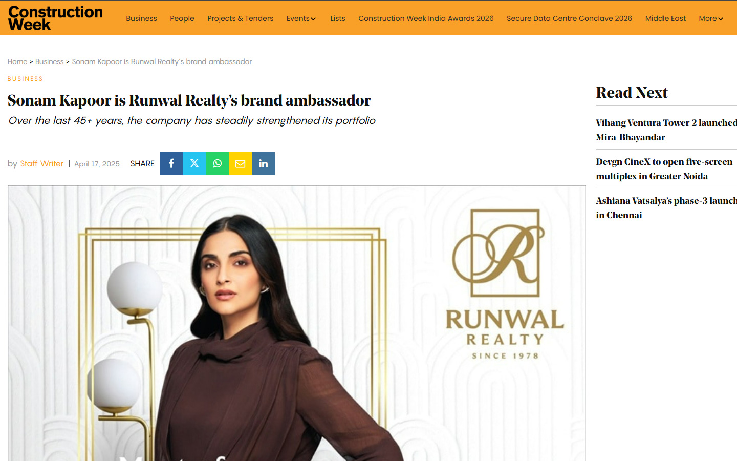 Sonam Kapoor is Runwal Realty’s brand ambassador