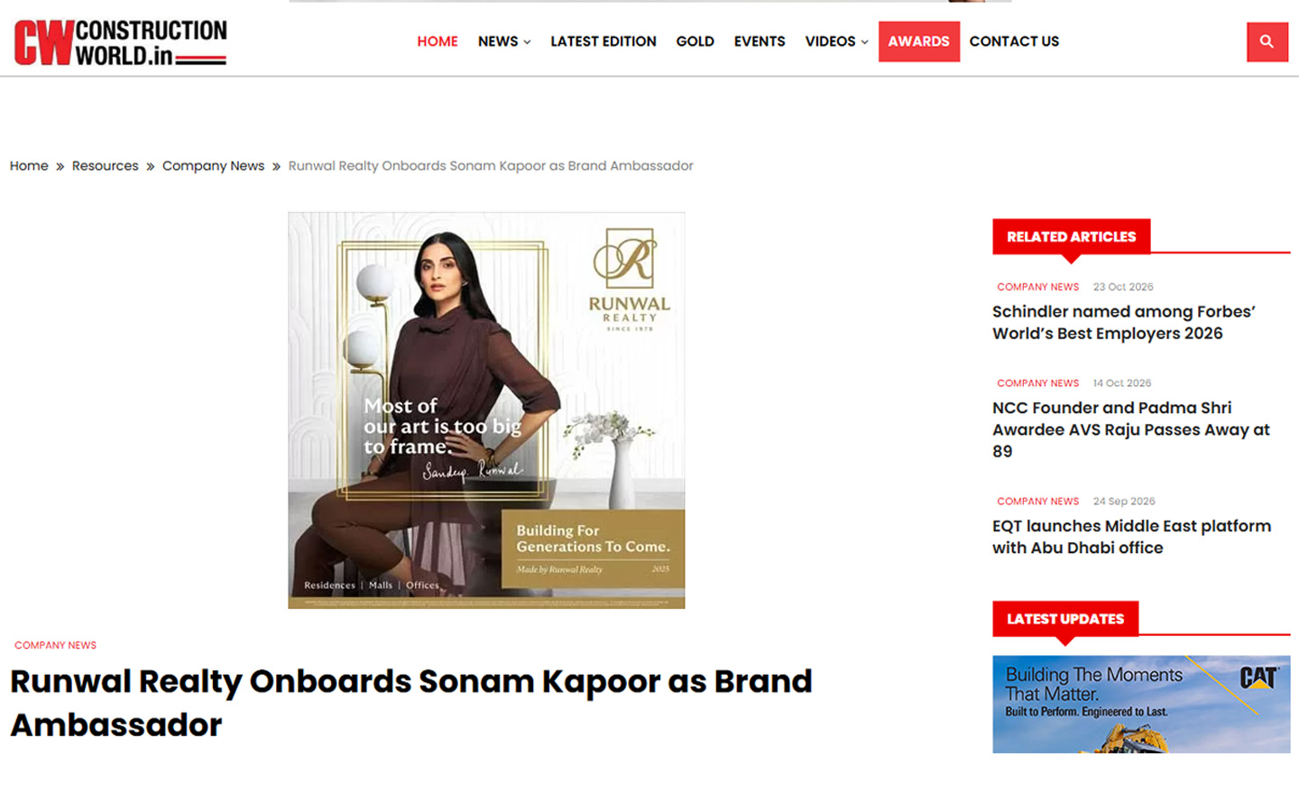 Runwal Realty Onboards Sonam Kapoor as Brand Ambassador