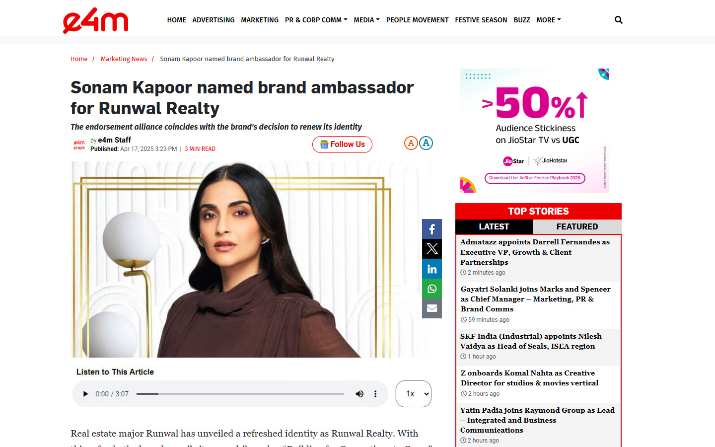 Sonam Kapoor named brand ambassador for Runwal Realty