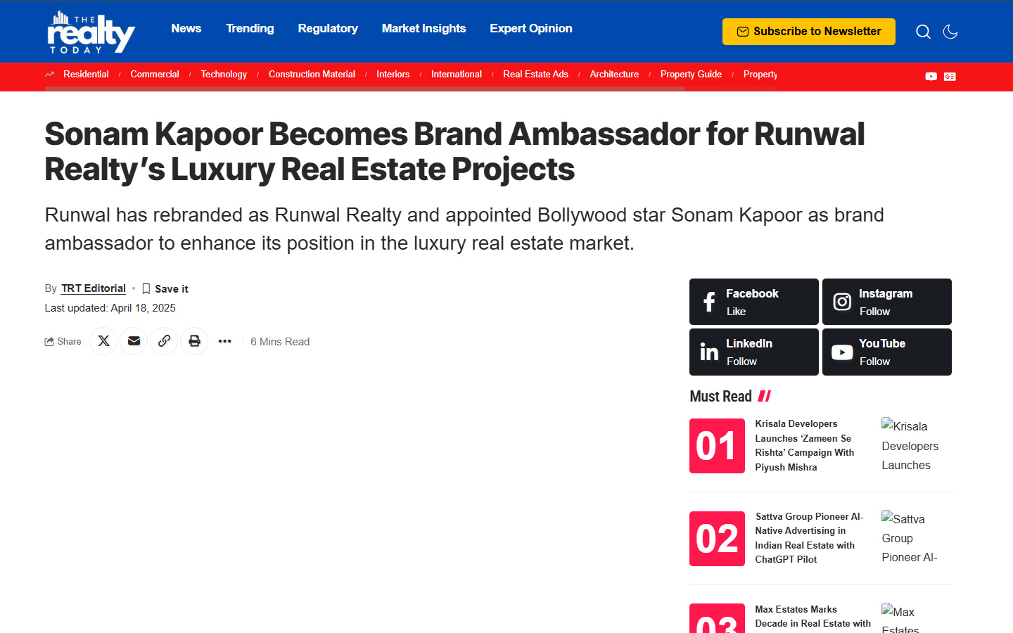 Sonam Kapoor Becomes Brand Ambassador for Runwal Realty’s Luxury Real Estate Projects