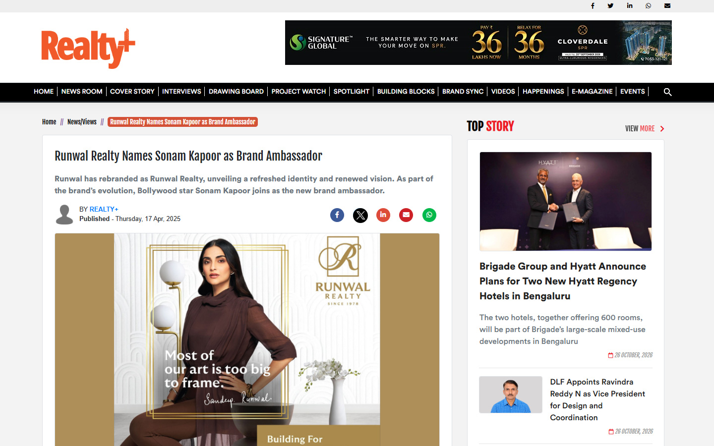 Runwal Realty Names Sonam Kapoor as Brand Ambassador
