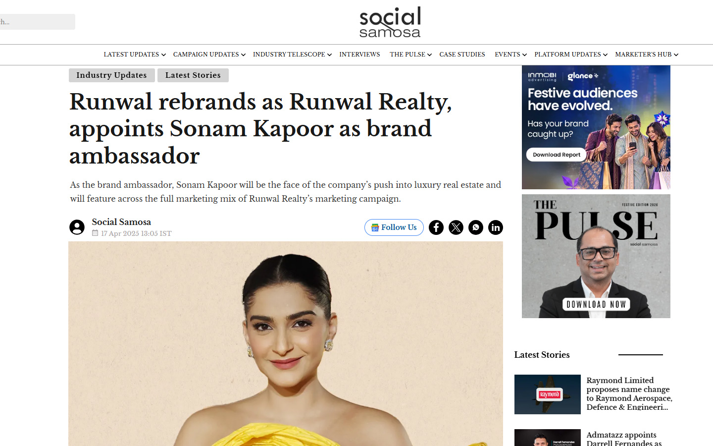 Runwal rebrands as Runwal Realty, appoints Sonam Kapoor as brand ambassador