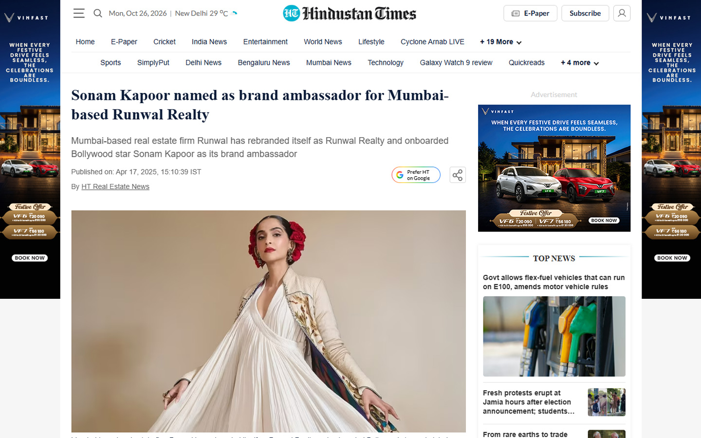 Sonam Kapoor named as brand ambassador for Mumbai-based Runwal Realty