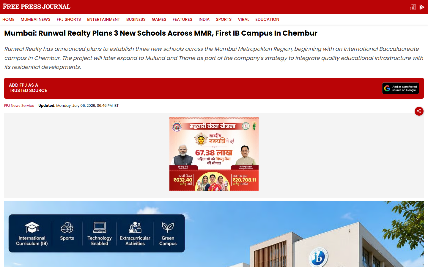 Mumbai: Runwal Realty Plans 3 New Schools Across MMR, First IB Campus In Chembur